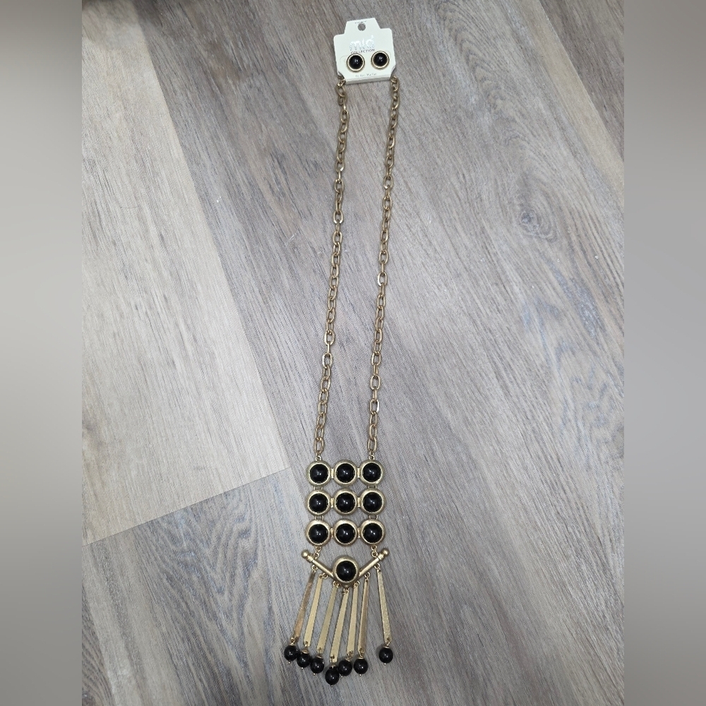 Mia Collection Gold Tone & Black Earring & Pendant Necklace Set - New In Package